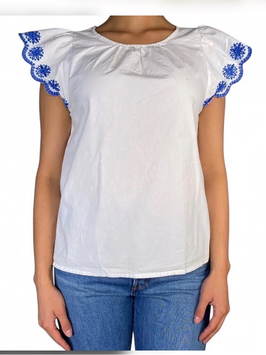 J. Crew Tops - J.Crew White Embroidered Flutter Sleeve Top Blue Eyelet Boho Cottage Small
